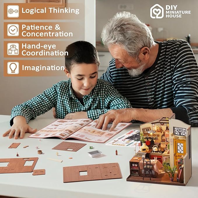 US Local ROBOTIME Rolife Happy Kitchen Dollhouse Minature House DIY Wooden Puzzle With LED Light DG159