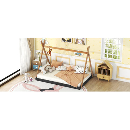 US Local Full Size Tent Floor Bed With Triangle Structure, Black Brown