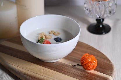 US Local Setaria Bone China Dinnerware Set, 12 Pieces, Service For 4, Plates, Dishes, Bowls Set, Microwave And Dishwasher Safe, Ivory White With Narrow Curve Stripe