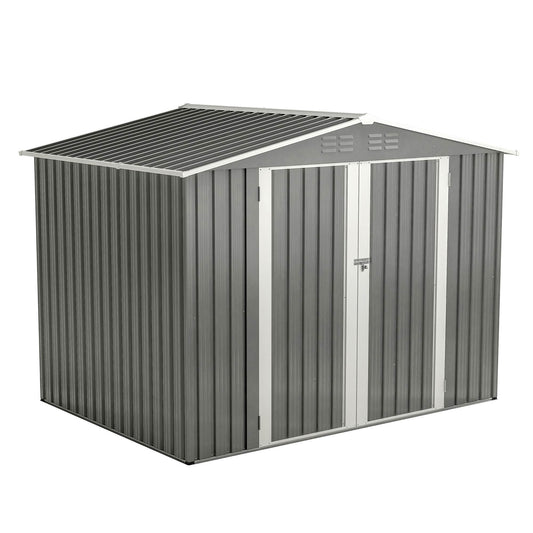 8 X 6 FT Outdoor Waterproof Garden Tool Storage Sheds With Metal Foundation With Floor Frame, Tool Shed With Lockable Hinged Doors & Air Vents, Storage House Waterproof For Backyard, Lawn, Gray