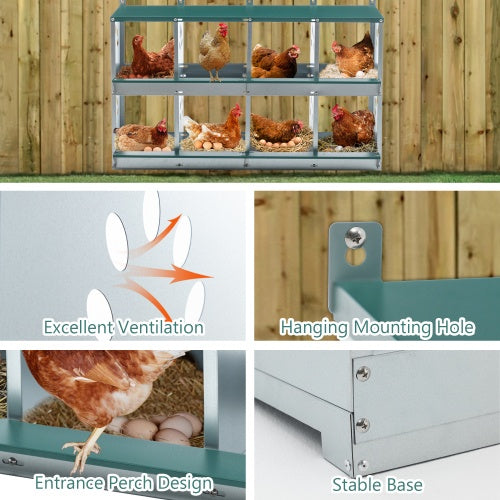 US Local 8 Compartment Chicken Nesting Boxes,For Laying Eggs, Metal Poultry Nest Box Wall Mount For Chickens, Hens, Large Vented Holes Chicken Coop Box