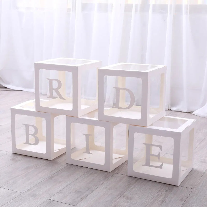 US Local 5 Pieces Wedding Balloon Boxes BRIDE Letters White Clear Balloon Blocks Box Party Decorations Balloons Boxes For Engagement Bride Shower Weddings Centerpieces Photo Booth Props, No Balloons