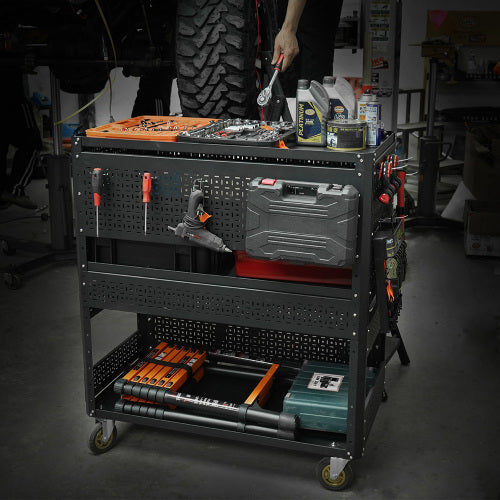 US Local 3-Tier DIY Detachable Utility Cart Storage Tool Cart With Steel Pegboard, Foldable Rolling Tool Cart With Wheels For Garage Organizer And Tool Storage