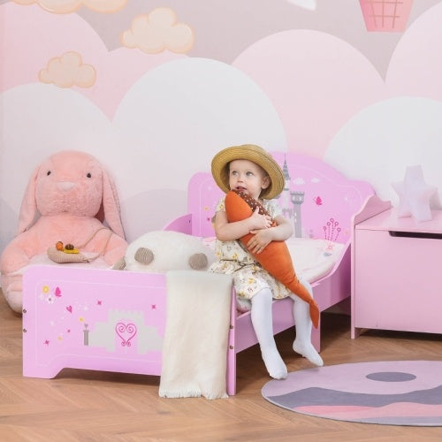 UK Local HOMCOM Kids Bed Princess Castle Theme W Side Rails Slats Home Furniture For 3 - 6 Yrs Pink 143 X 73 X 60 Cm