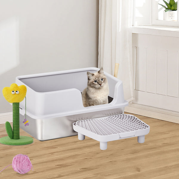 US Local 61x40x33CM, Litter Box, Stainless Steel And Plastic, Upper And Lower Snap Type, With Litter Spatula, Foot Pad - Grey