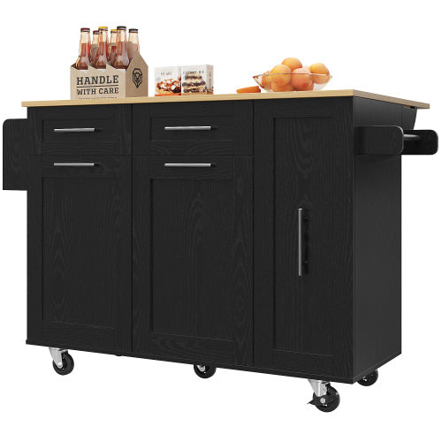 UK Local Modern Kitchen Island, Kitchen Cabinet, Buffet Cabinet, Dining Cart With Wood Grain, Dining Table With Storage Space, Dining Cart With Snack Shelves And Stretch Function Cabinets, Black