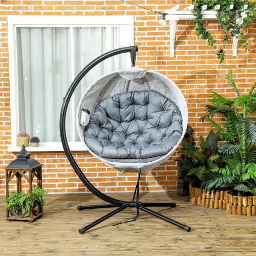 UK Local Outsunny Hanging Egg Chair Outdoor Indoor Garden Swing Chair With Folding Basket, Garden Hanging Chair With Stand, Thickened Cushion, Cup Holder For Patio, Balcony