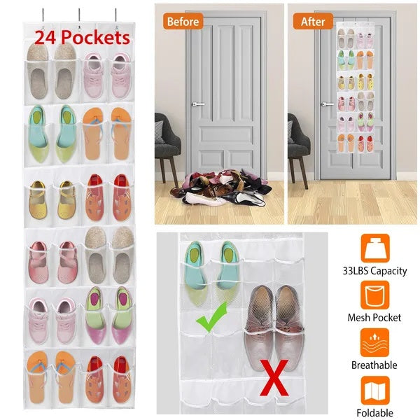 US Local 1Pc Over The Door Shoes Rack 24-Pocket Crystal Clear Organizer