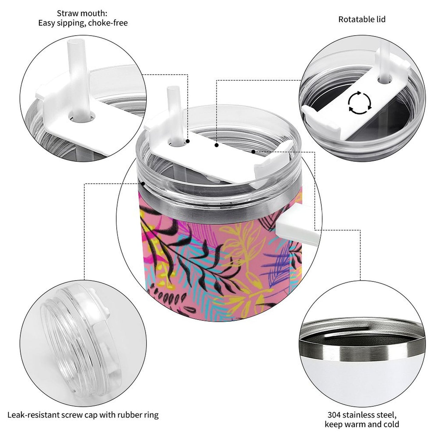 PHDT00388 POD US Local Tumbler 40 oz Large Capacity Car Cup Illustration Leaves Pink