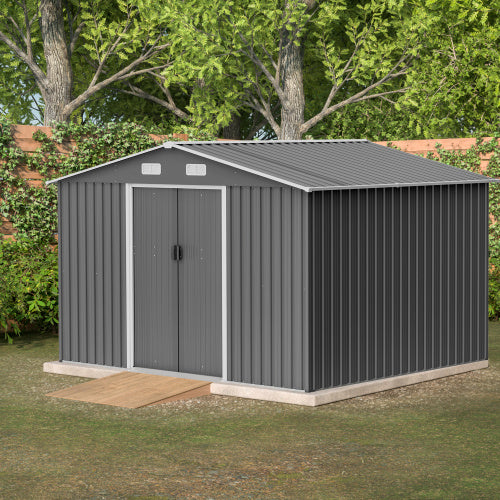 10X8 FT Outdoor Storage Shed, Metal Foundation & Lockable Doors, Tool Shed For Garden, Patio, Backyard, Lawn, Grey
