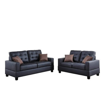 US Local Living Room Furniture 2pc Sofa Set Black Faux Leather Tufted Sofa Loveseat W Pillows Cushion Couch