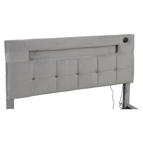 UK Local 4ft6 Double Upholstered Bed Frame With Hydraulic Storage, Velvet Ottoman Bed With LED Lighting And Charging Station, Double Bed With Adjustable Button Tufted Headboard, Beige