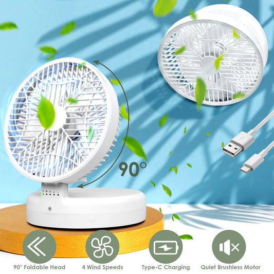 US Local Quiet Table Fan 90 Degree Foldable Desk Fan With 4 Wind Speeds Type-C Rechargeable Wall-Mounted Fan Portable Desktop Fan For Home Bedroom Kitchen Office Outdoor Travel