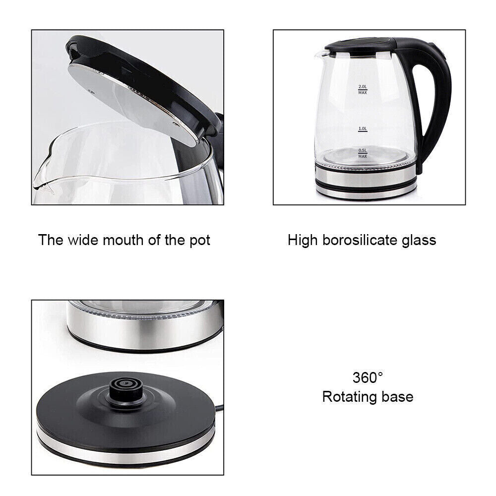 UK Local 2L Electric Kettle Glass 360 Blue LED Illuminated Portable Jug Protection 1800W