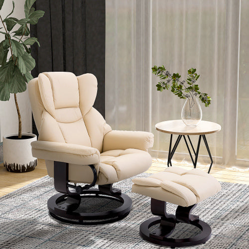 UK Local HOMCOM 360 Swivel Recliner Chair With Footstool, PU Leather Manual Recliner Armchair With Solid Wood Base, Upholstered Reclining Chair For Living Room, Bedroom, Office, Cream