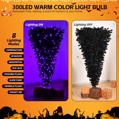 US Local 6 FT Pre-lit Upside Down Artificial Christmas Tree, Black Halloween Tree With 250 Purple Lights And Pumpkin & Skull Ornaments