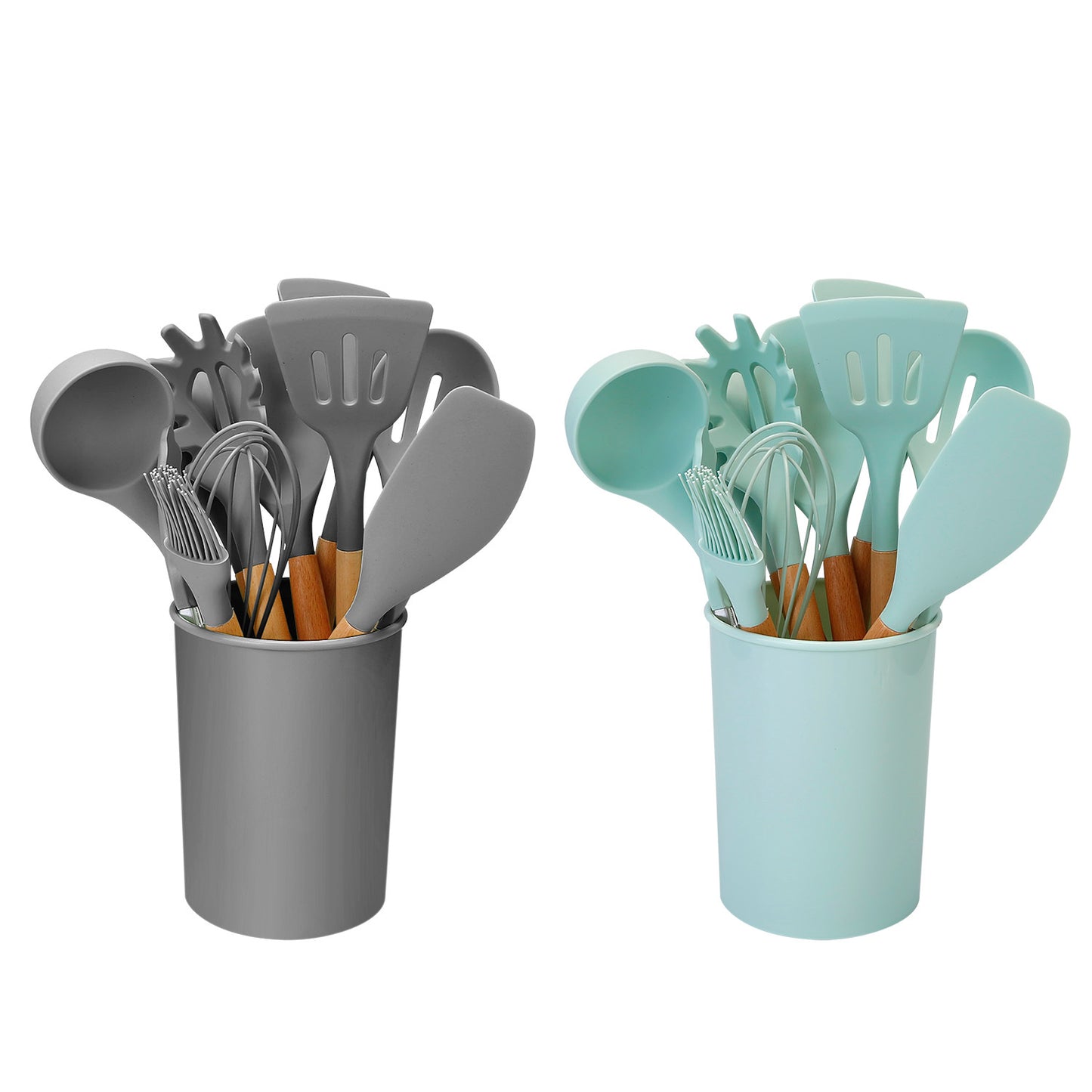 US Local 2 Color Options -- Set Of 11Pcs Silicone Cooking Utensil Set Heat Resist Wooden Handle Silicone Spatula Turner Ladle Spaghetti Server Tongs Spoon Egg Kitchenware Set With Holder