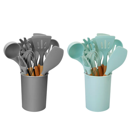 US Local 2 Color Options -- Set Of 11Pcs Silicone Cooking Utensil Set Heat Resist Wooden Handle Silicone Spatula Turner Ladle Spaghetti Server Tongs Spoon Egg Kitchenware Set With Holder