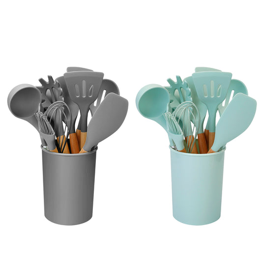 US Local 2 Color Options -- Set Of 11Pcs Silicone Cooking Utensil Set Heat Resist Wooden Handle Silicone Spatula Turner Ladle Spaghetti Server Tongs Spoon Egg Kitchenware Set With Holder