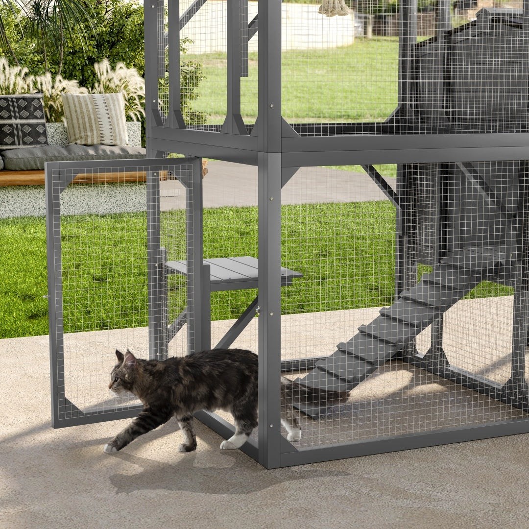 US Local Catio Cat House Outdoor Large Cat Enclosure, Wooden Cat Cage For Multiple Cats With Jumping Platforms And Cat Swing, Removable Waterproof Cover, UV Resistant, 2 Combination, Gray