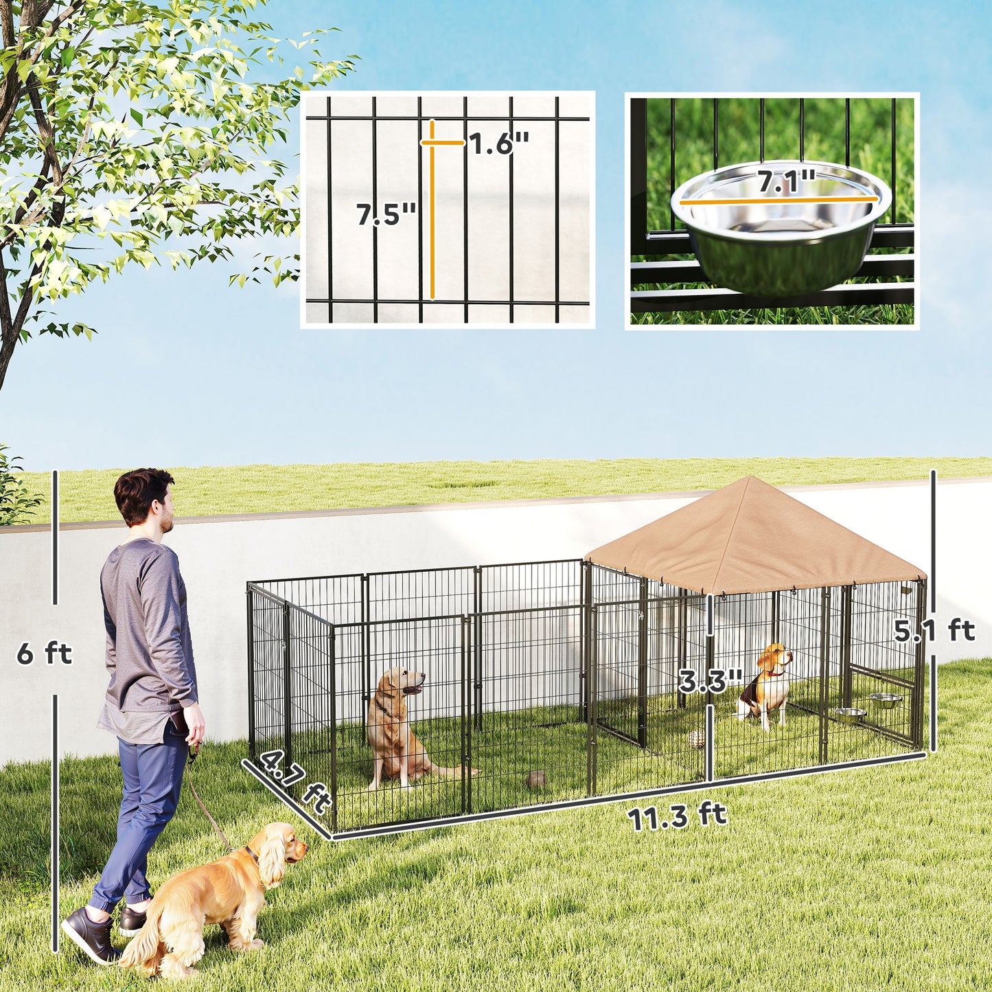 US Local Large Outdoor Dog Kennel With Rotating & Adjustable Height Bowls, Waterproof & UV-Resistant Canopy, 11.3 X 4.7 X 5.1