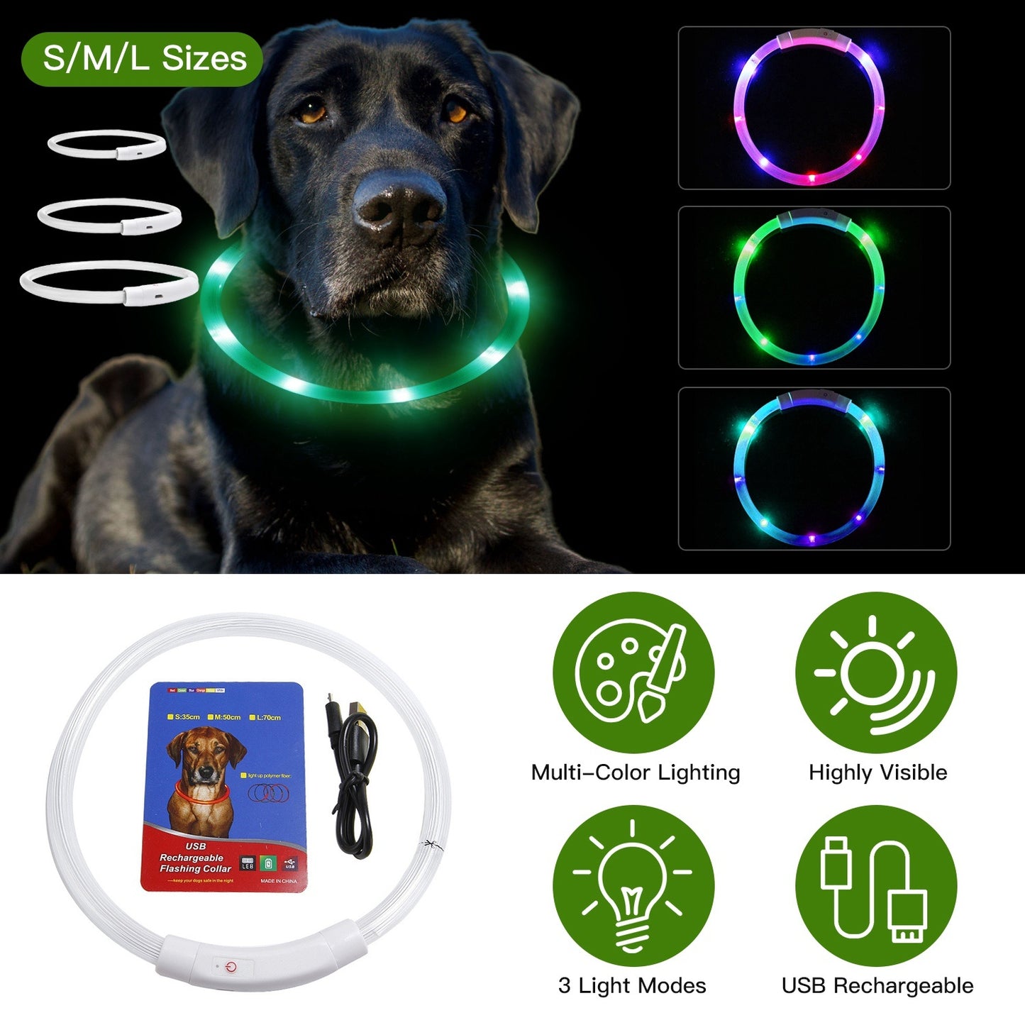 US Local 1 Pc USB Rechargeable LED Dog Collar Multi Color Lighting Dog Safety Collar Cuttable Length Glow Dog Collar For Small Medium Large Dog Night Walking