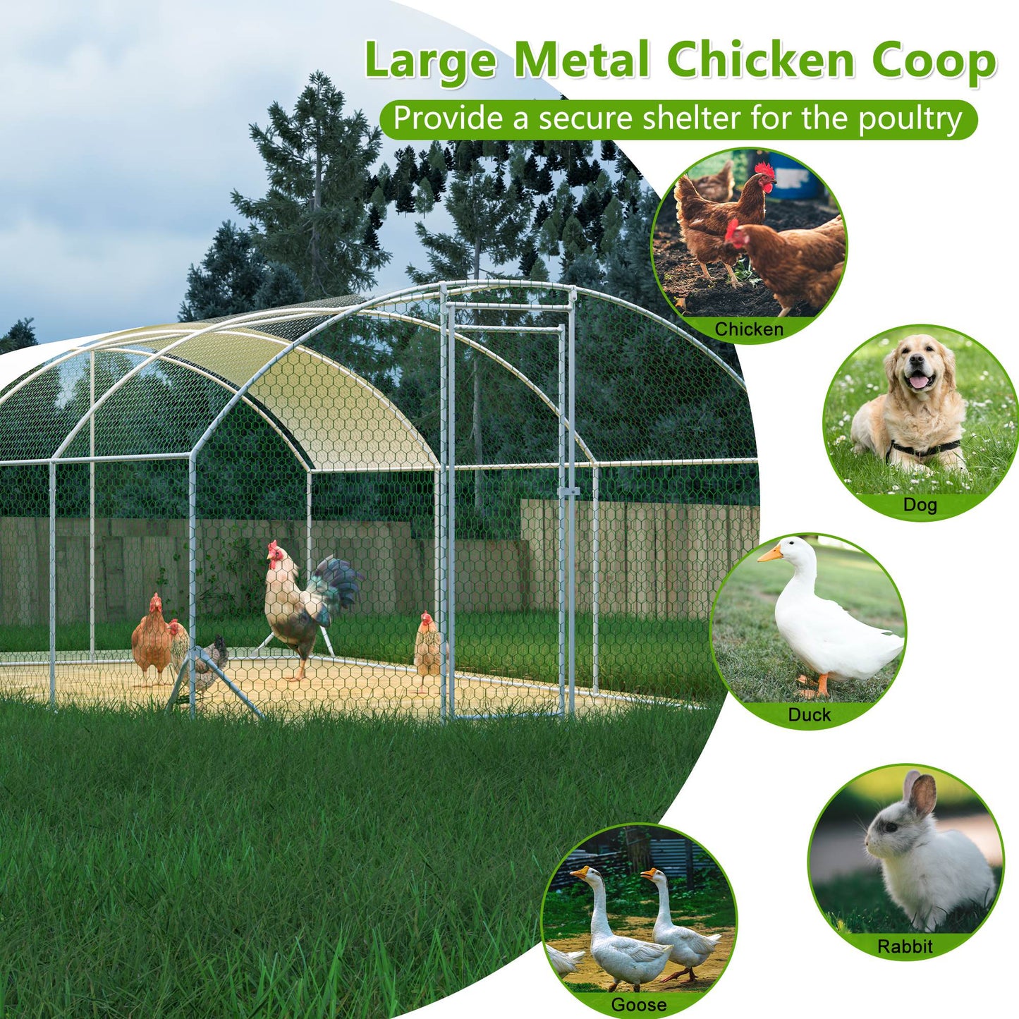US Local Large Chicken Coop Metal Chicken Run With Waterproof And Anti-UV Cover, Dome Shaped Walk-in Fence Cage Hen House For Outdoor And Yard Farm, 9.84 X 19.68 X 6.56 Ft