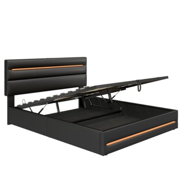 UK Local 5ft King Upholstered Bed Frame With Hydraulic Storage, PU Ottoman Bed With LED Lighting And Charging Station, LED Adjustable Headboard With USB And Type - C Ports, Black