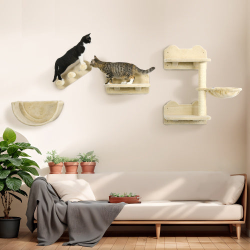US Local PawHut Cat Wall Shelves, 4 Pcs Cat Wall Furniture Cat Climbing Shelf With Cat Hammock, 3 Steps, Perches, Scratching Post, For Sleeping, Playing, Beige