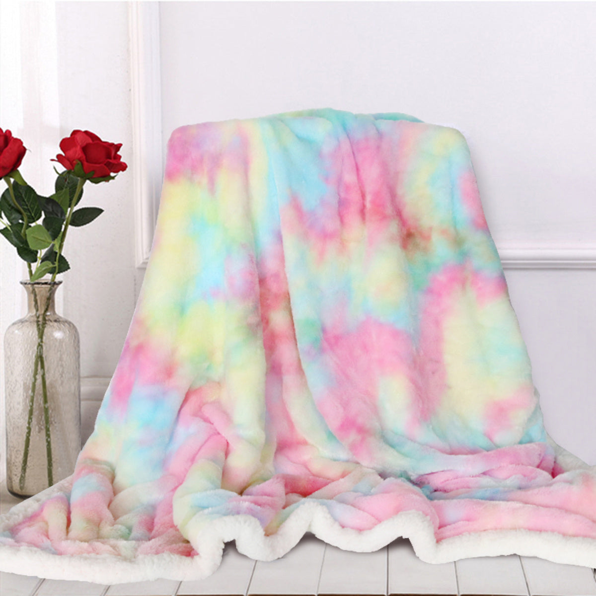 US Local 1 Piece Shaggy Blanket Plush Faux Fur Blanket For Bed Sofa Ultra Soft Luxury Sherpa Blanket Rainbow Colorful  Blanke