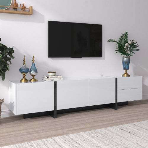 UK Local TV Cabinet, Low Panel With Colorblocked Legs In High-gloss White And Black, With Doors And Drawers, Doors With Shelves. Simple Line Design.