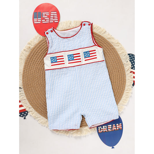 US Local Infant Baby Boy 4th Of July American Flag Smocked Romper Summer Sleeveless Jumpsuit For Independence Day & Memorial Day Celebrations