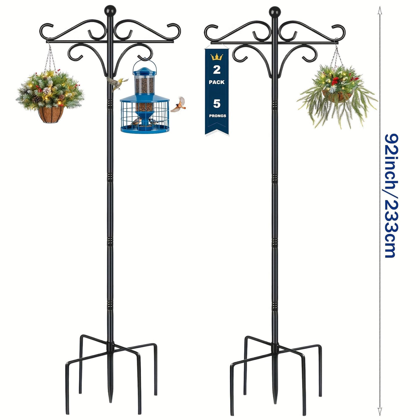 US Local Two Heavy Duty 76 Inch Outdoor Metal Shepherd's Hooks Traditional Double Bird Feeder Pole With Five Finger Adjustable Plant Hooks Suitable For Garden And Wedding Decoration Suitable For Bird Feeders P