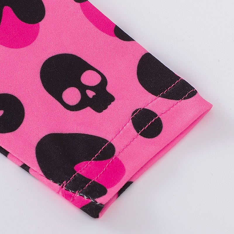 3pcs Toddler Girl's Halloween Dress Skull Ghost Bats Print Stretch Long Sleeve A-line Dresses