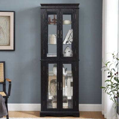 Lighted Glass Curio Display Cabinet,Display Cabinet,Glass Storage Cabinet Glass Wine Cabinet Wood Frame Toy Display For Living Room, Kitchen, Pantry Light Bulb Included Cherry