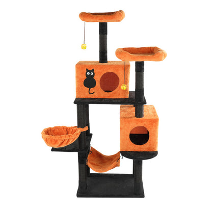 US Local Halloween Cat Tree, Large Cat Tower With 2 Spacious Cat Condos, 2 Padded Perches, 2 Hammocks, Scratching Posts, Hanging Toy, Multi-Level Cat Activities Furniture For Large Cats, Orange & Black