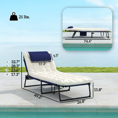 US Local Folding Chaise Lounge Pool Chair With 4-level Reclining Back, Cushion, Side Pocket, Headrest, Navy Blue