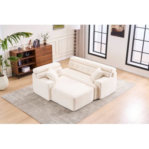 US Local LY-029B WHITE COMPRESSION SOFA Combining Chaise Longue With 3-seater  Wood Grain Chenille Fabric, Full Sponge Compression Sofa,combined Sofa With 2 Pillows For Living Home Furniture