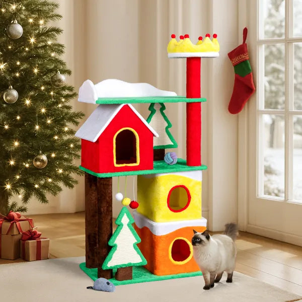 US Local 56 in Christmas Themed Plush Cat Tree, Multi-level Cat Tower With Cat Condos, Top Crown Perch, Sisal Ramp Scratching Posts, Large Cat Pet Activity Center For Indoor Cats