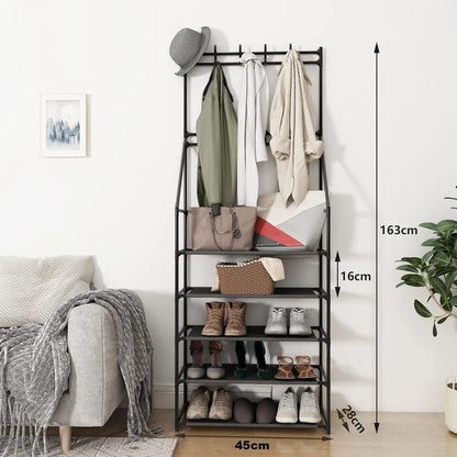 US Local 5-Tier Shoe Rack Shoe Storage For Entryway,Narrow Shoe Rack,Coat And Shoe Rack With 8 Hooks