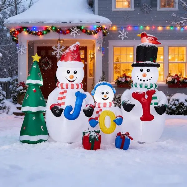 US Local 8FT Lighted Christmas Inflatable Decoration, Inflatable Snowman Family With JOY And Xmas Tree, Funny Blow Up Yard Decorations With Built-in LED Lights For Holiday Party Front Yard Lawn Garden Decor