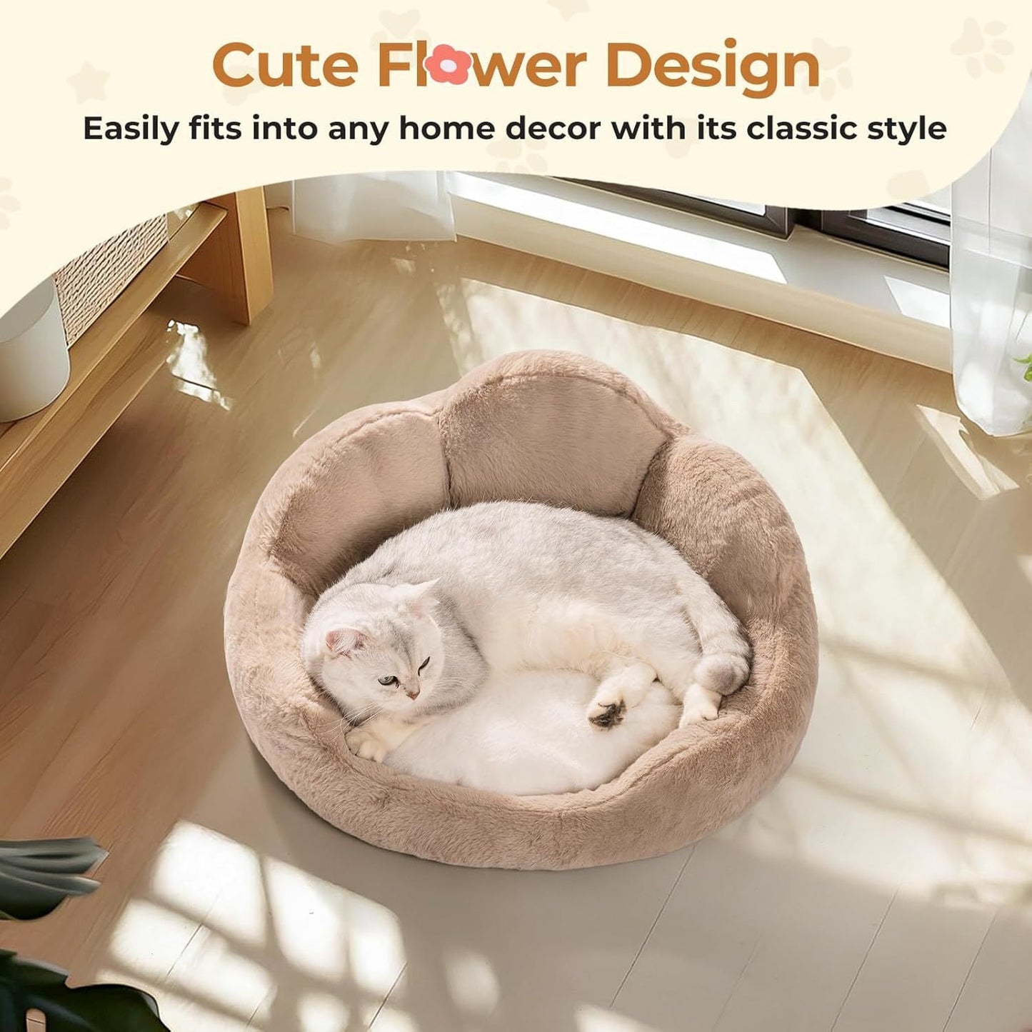 MEWOOFUN Round Cat Bed For Indoor Cats - Cozy Washable Fluffy Pet Couch With Anti-Slip Bottom, Small Dog & Puppy Bed For Kittens 23, Khaki