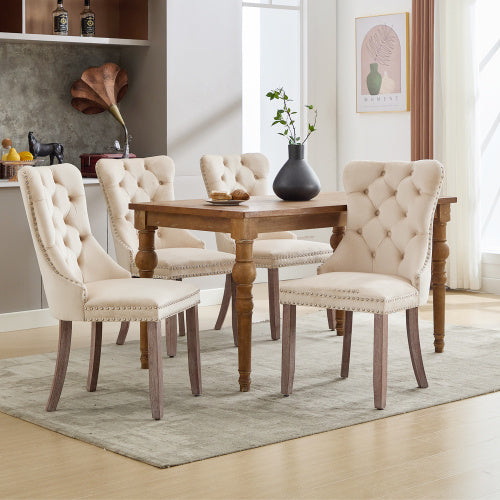 UK Local Modern Set Of 4 Upholstered Velvet Dining Chairs, Button Tufted Kitchen Lounge Chairs With Solid Wood Legs, Riveted Trim And Knocker Ring, For Dining Room Living Room,