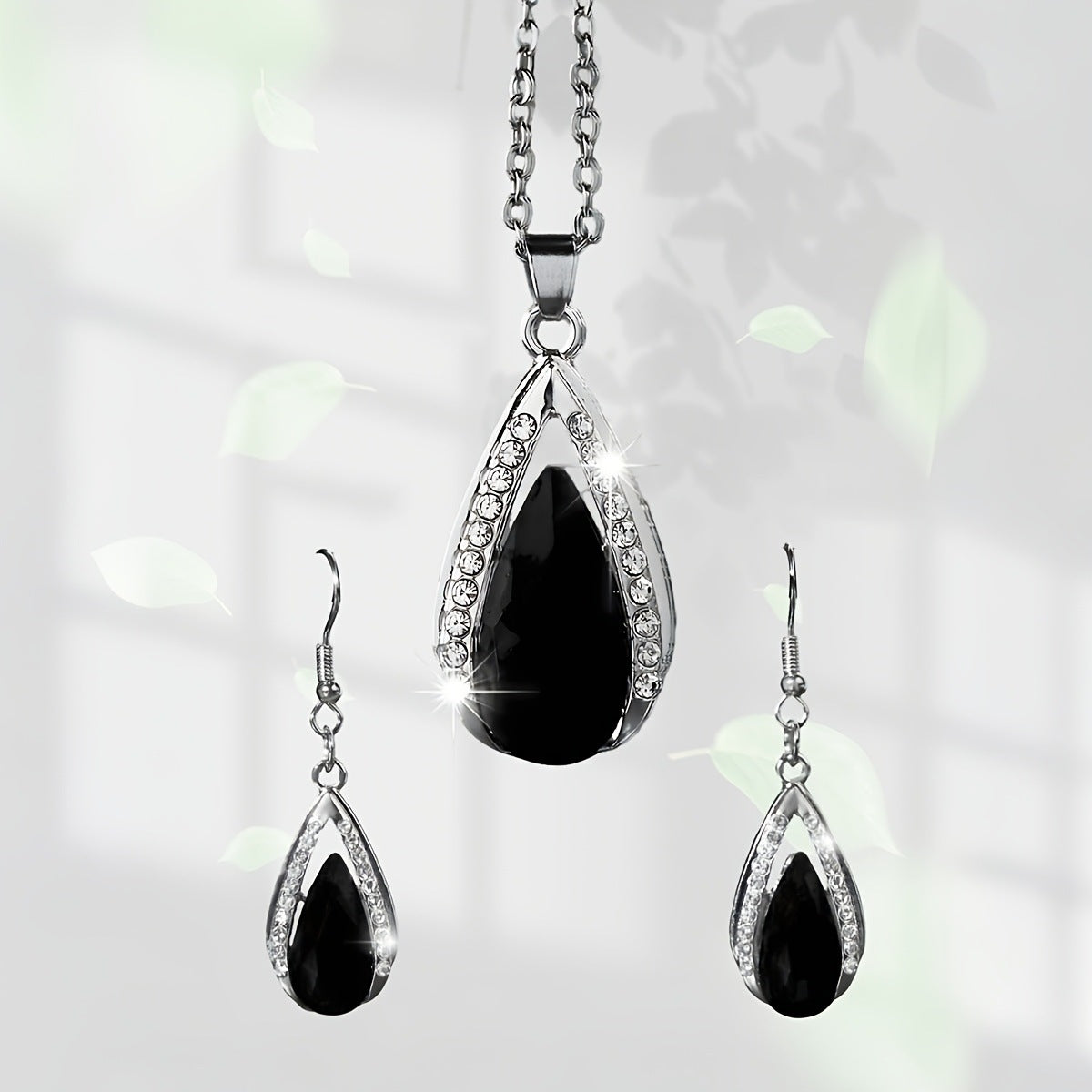 Black Red Teardrop Glass Pendant Necklace And Earrings Suite In Stock Factory Wholesale