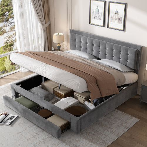 UK Local Upholstered Bed King Size Bed 5ft 150x200cm Velvet Fabric  Double Bed  Large Storage Space,With Slats And Headboard,Without Mattress,Grey