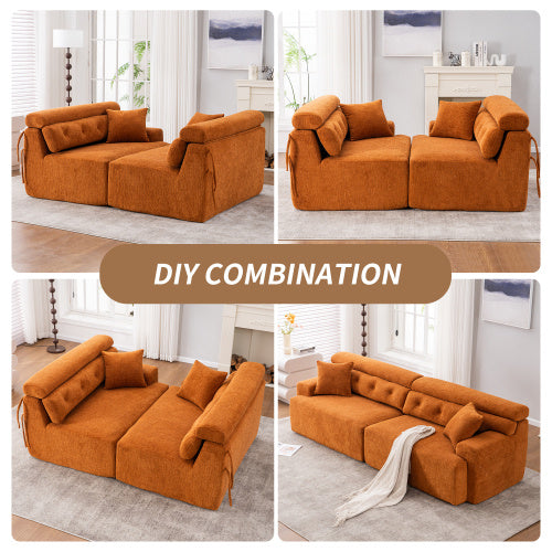 US Local LY-029 ORANGE COMPRESSION SOFA 4-seater Combined Sofa, Wood Grain Chenille Fabric, Full Sponge Compression Sofa,combined Sofa With 2 Pillows For Living  Home Furniture  Apartment
