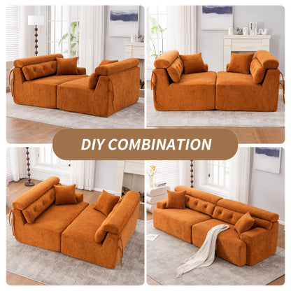 US Local LY-029 ORANGE COMPRESSION SOFA 4-seater Combined Sofa, Wood Grain Chenille Fabric, Full Sponge Compression Sofa,combined Sofa With 2 Pillows For Living  Home Furniture  Apartment