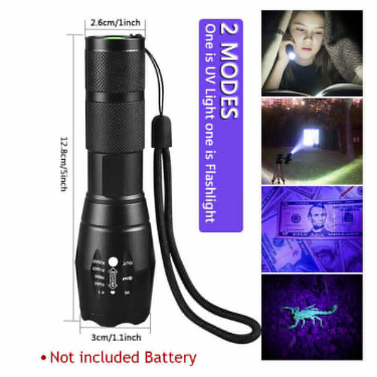 US Local UV Torch Ultra Violet Flashlight Zoomable Blacklight Lamp LED Super Bright 250000lm 2 In 1 395nm Mini Pocket Inspection Light 2 Pack