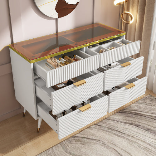 UK Local Sideboard Cabinet Dresser With 6 Drawers,Amber Glass Chest Of Drawers, Compartmentalised Storage,Anti-tip,Dressing Table For Living Room, Hallway, Bedroom, And Children's Room, 120 X 40 X 76 Cm, White