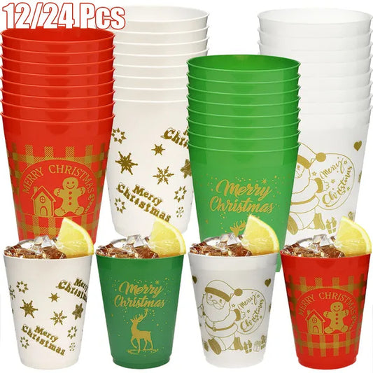 US Local 12 Pcs Christmas Plastic Tumblers Gingerbread Man Santa Reindeer Pattern 16 Oz Reusable Drink Cups Cute Beverage Cups For Beer Coffee Tea Xmas Holiday Party Supplies